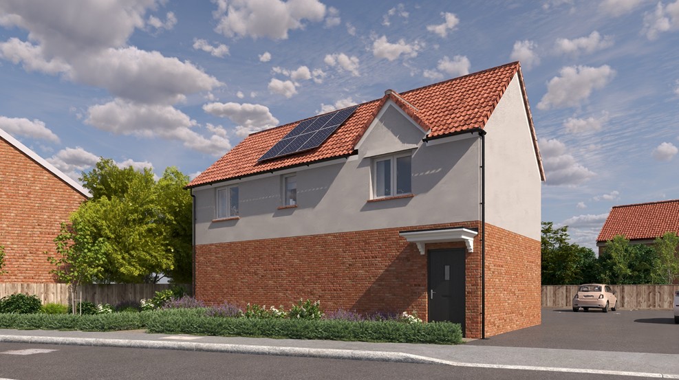 A two‑storey residential building with a maisonette on the upper level; the ground floor contains car ports that are not visible. The exterior features red brick below, light‑coloured walls above, and a pitched tiled roof.