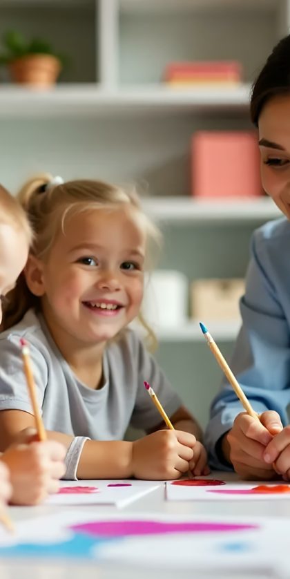 Teacher or Teaching Assistant helping children with colouring.