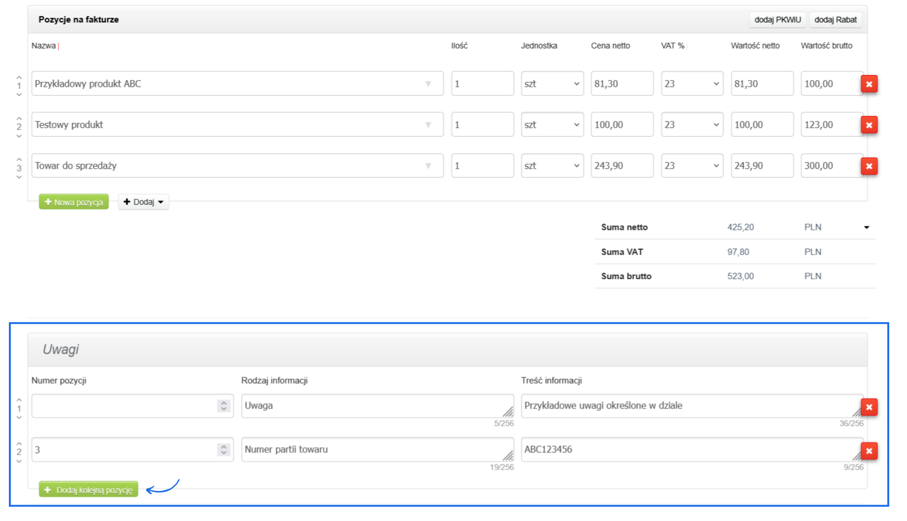 Formularz tworzenia faktury z uzupełnioną sekcją uwag wraz z uwagami do dokumentu i konkretnej pozycji.