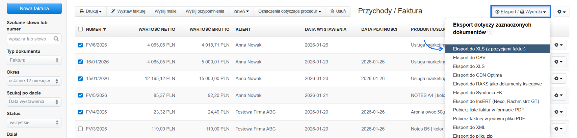 Lista faktur sprzedażowych z aktywną opcją eksportu danych do formatu XLS.