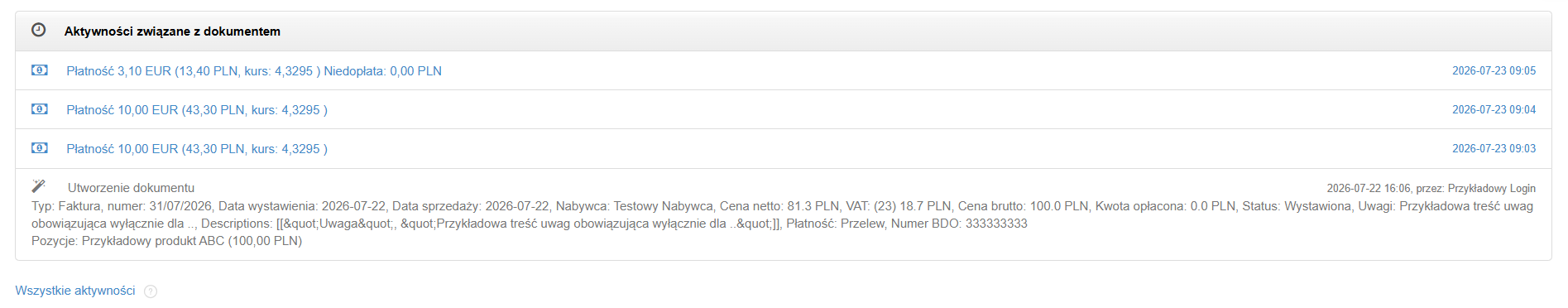 Aktywności związane z dokumentem w zakresie płatności w walucie innej niż waluta główna dokumentu.