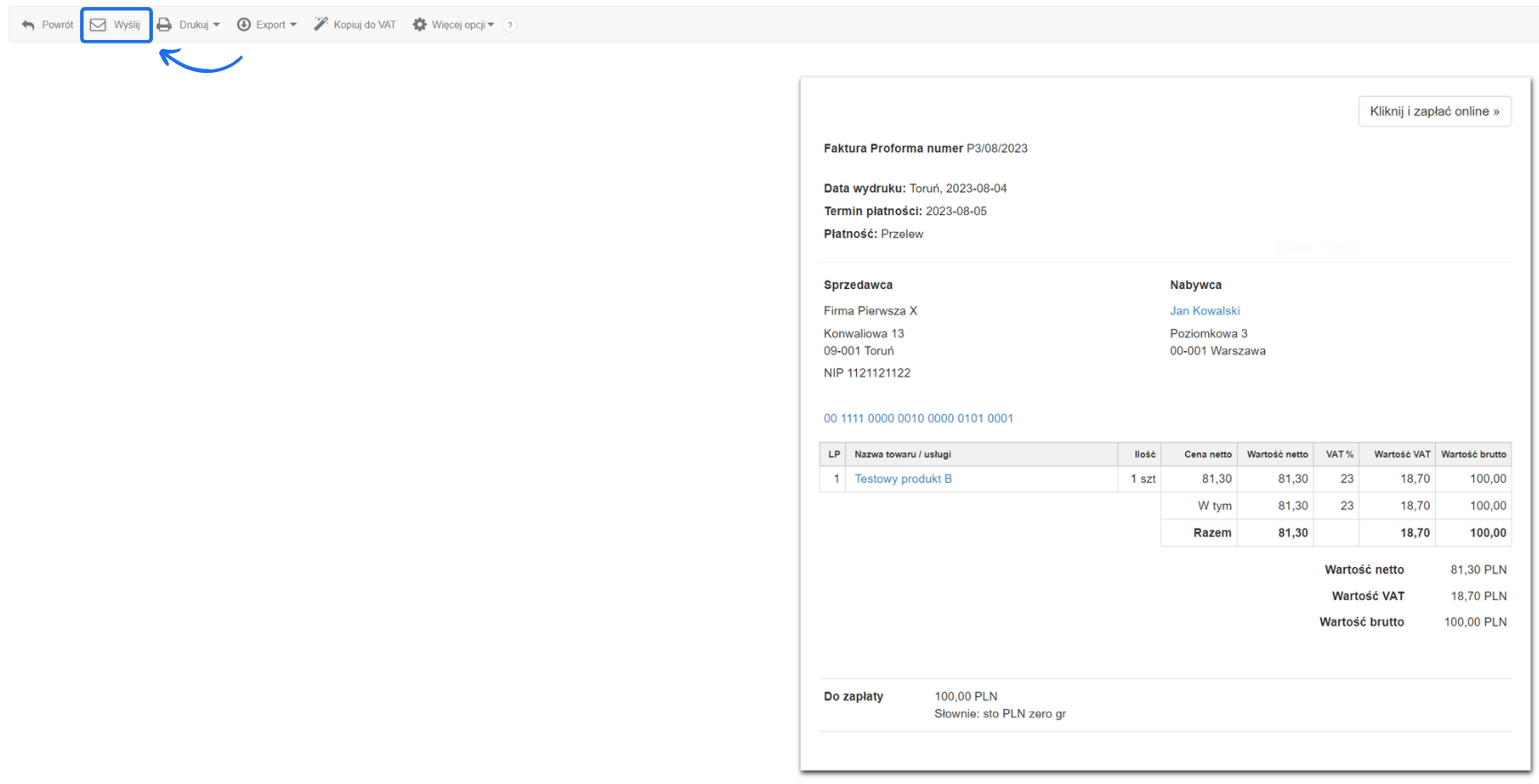 Menu podręczne dostępne z poziomu proformy z aktywną opcją wysyłki dokumentu na adres e-mail kontrahenta.