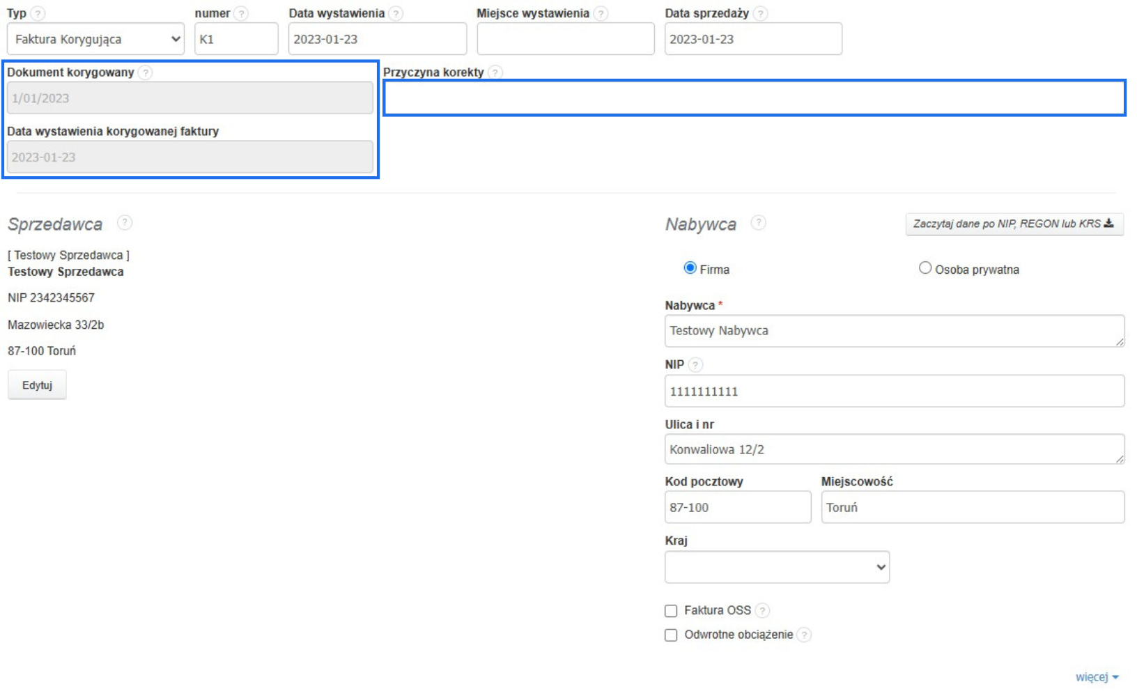 Formularz wystawiania faktury korygującej w systemie Fakturownia.pl, z polami do uzupełnienia dokumentu korygowanego i przyczyny korekty.