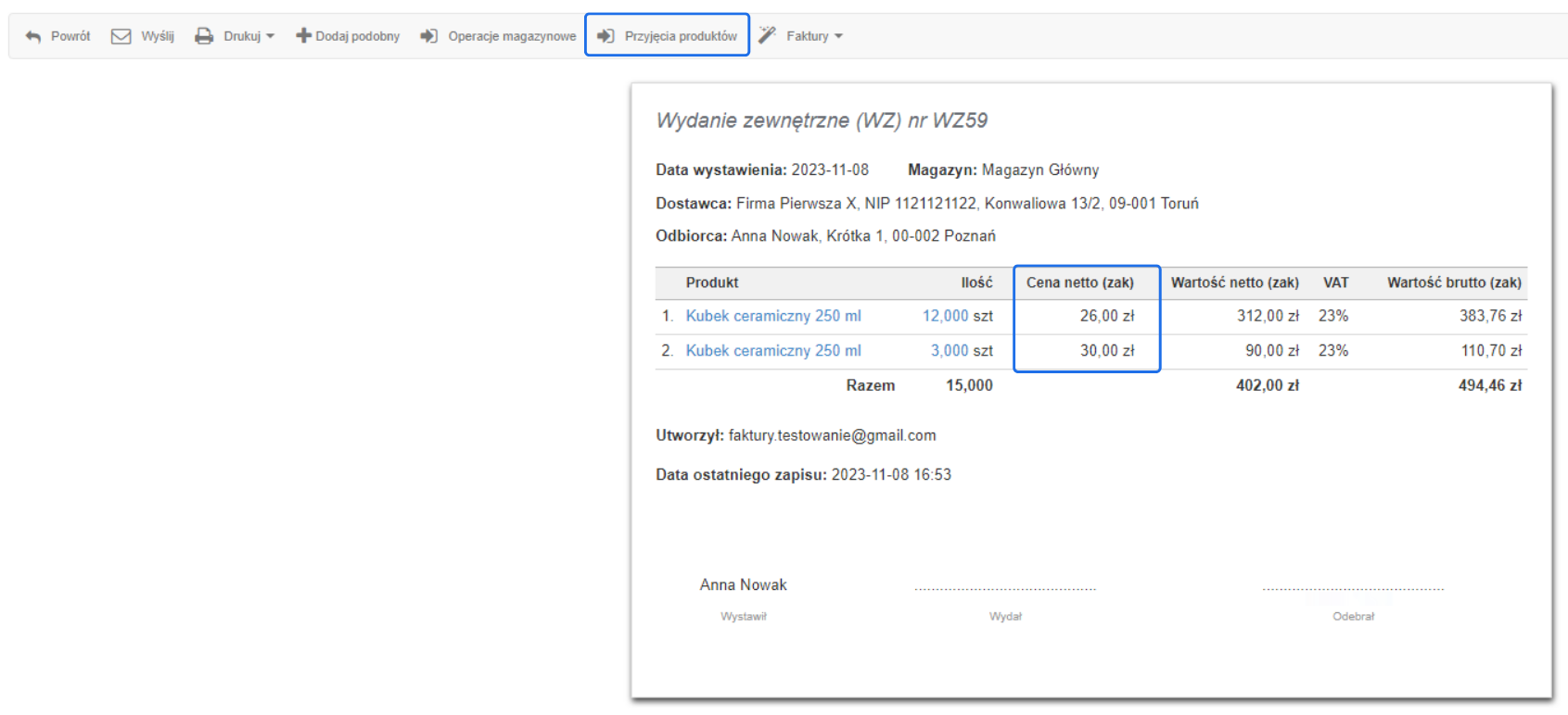 Cena netto zakupu dla produktów w dokumencie WZ59 – szczegóły przyjęcia towaru z podziałem na ilość i wartość.