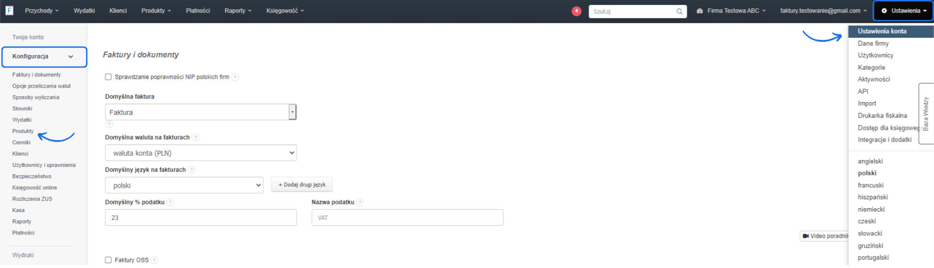 Ekran ustawień w systemie Fakturownia.pl, sekcja konfiguracji faktur i dokumentów, z zaznaczoną opcją produktów.