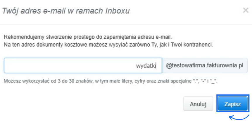 Okno konfiguracji Inboxu, w którym użytkownik definiuje adres e-mail do wysyłania dokumentów kosztowych, z możliwością zapisania adresu.