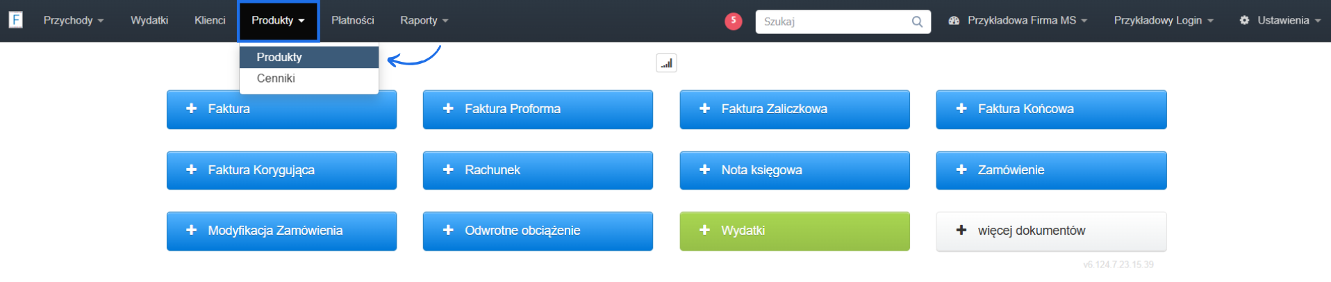 Strona główna konta w systemie Fakturownia z przyciskami do wystawiania faktur oraz aktywną zakładką produkty.