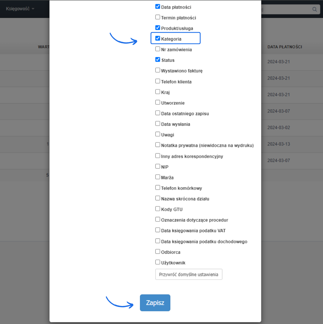 Lista kolumn do włączenia z aktywnym checkboxem przy opcji 'Kategoria' i przyciskiem 'Zapisz'.