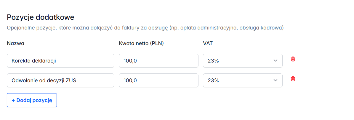 Pozycje dodatkowe w cenniku dla biura np. korekta deklaracji lub odwołanie od decyzji ZUS.