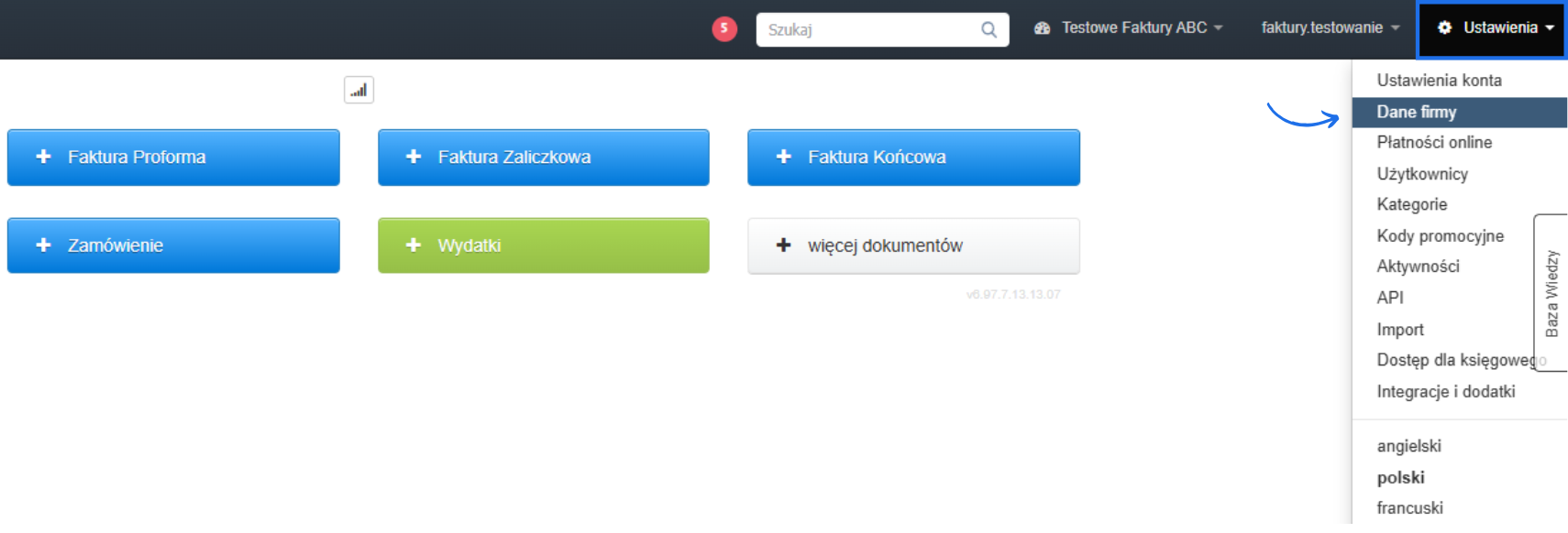 Widok menu Ustawienia w Fakturowni z zaznaczoną opcją Dane firmy, która kieruje do listy firm/działów dodanych na koncie.
