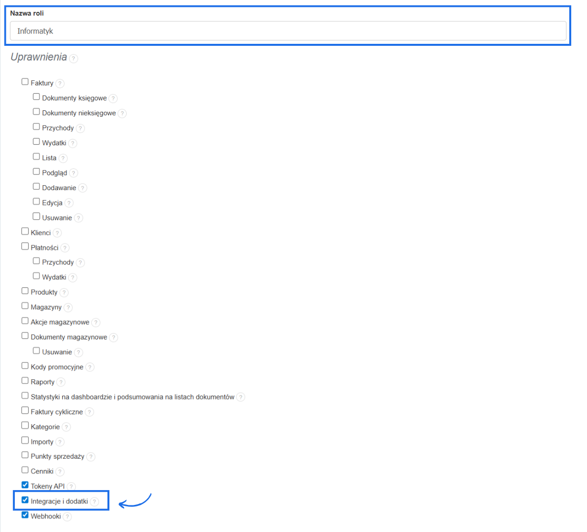 Lista uprawnień dostępnych do nadania przy tworzeniu własnej roli dla użytkownika w systemie Fakturownia z aktywnymi opcjami: API, integracje i dodatki oraz webhooki.