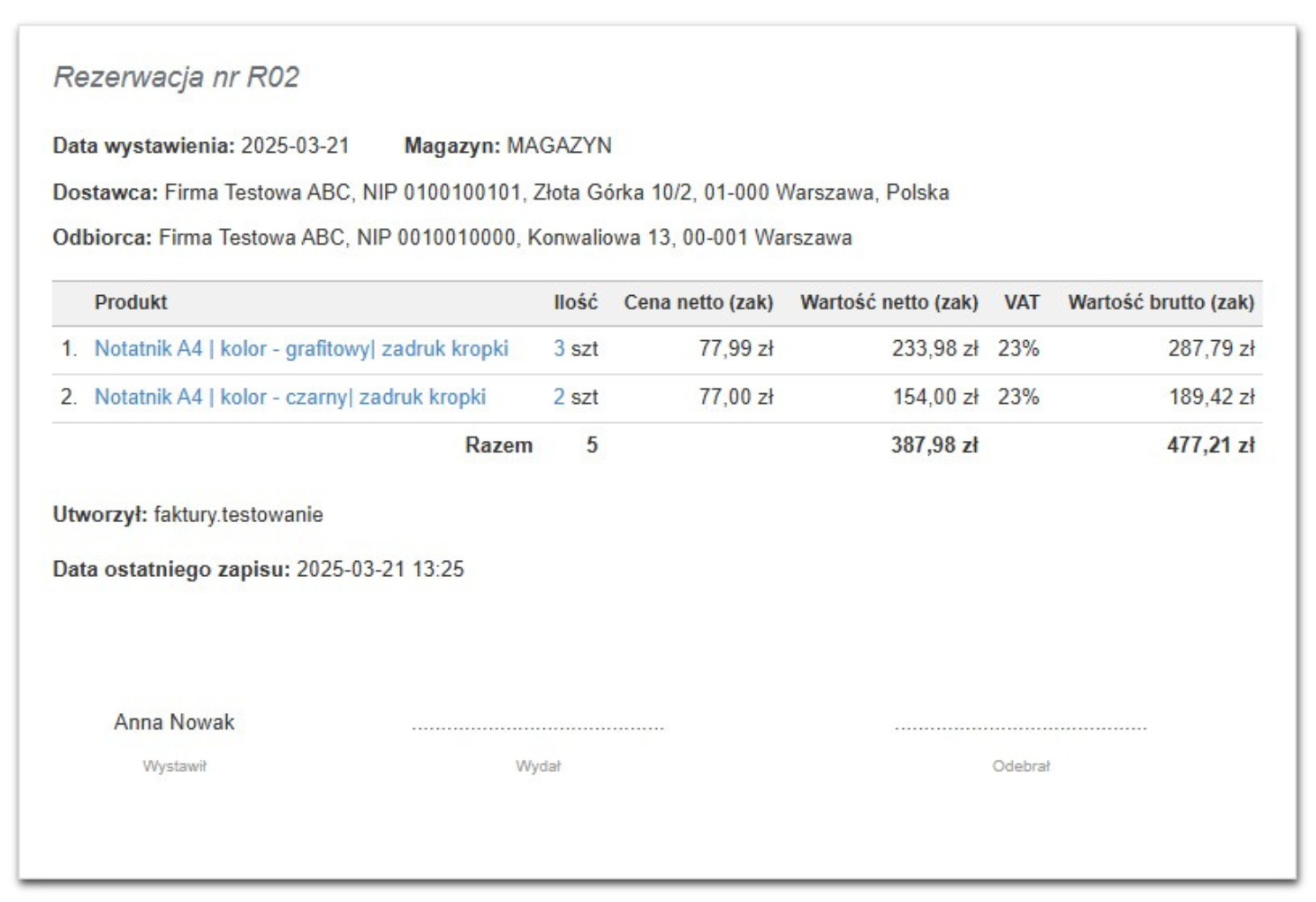 Dokument rezerwacji magazynowej nr R02 z datą wystawienia 2025-03-21, zawierający listę produktów, ich ilości, ceny netto, VAT i wartości brutto.