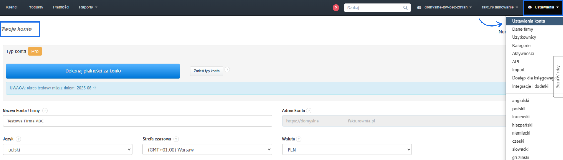 Podstawowe ustawienia konta dotyczące typu wystawianych dokumentów na koncie w systemie Fakturownia.