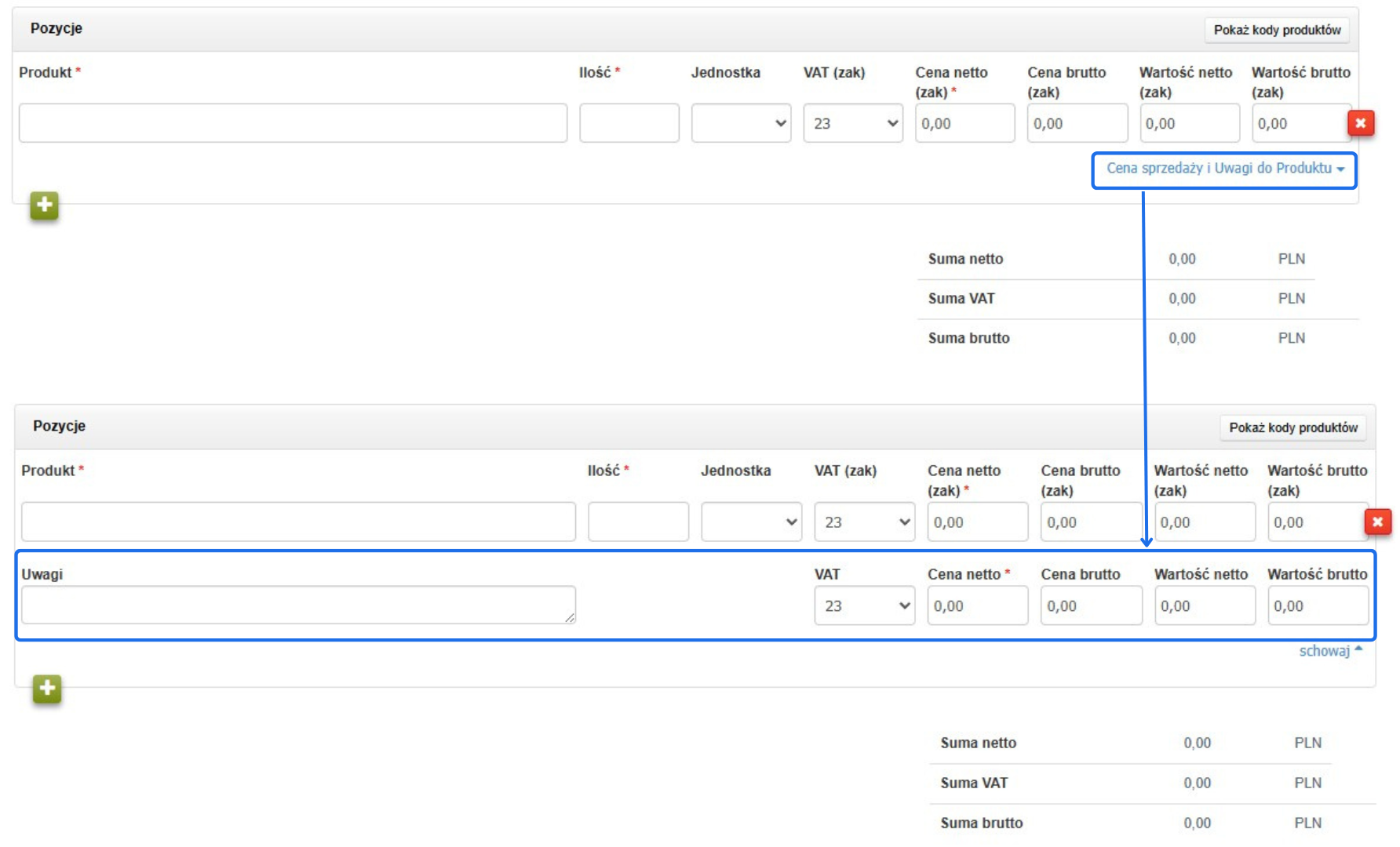 Widok formularza pozycji dokumentu z rozwiniętą opcją „Cena sprzedaży i Uwagi do Produktu” w edycji magazynowej.