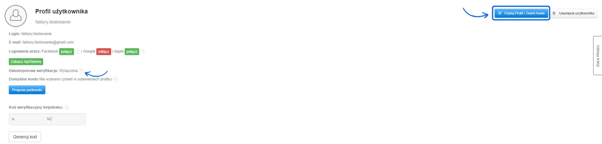 Profil użytkownika z wyłączoną dwustopniową weryfikacją oraz opcją edycji profilu lub zmiany hasła, z zaznaczonym przyciskiem 'Edytuj Profil / Zmień hasło'.