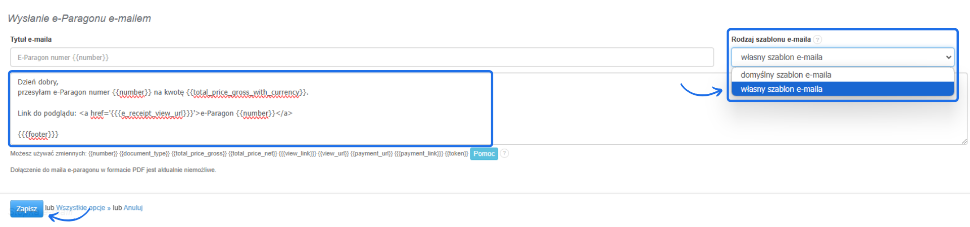 Ustawienia wysyłki e-paragonów e-mailem w systemie Fakturownia z opcją wyboru i edycji własnego szablonu wiadomości.