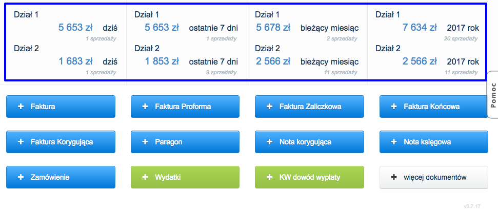 Statystyki sprzedaży na stronie głównej podzielone na poszczególne działy/firmy w Fakturowni.