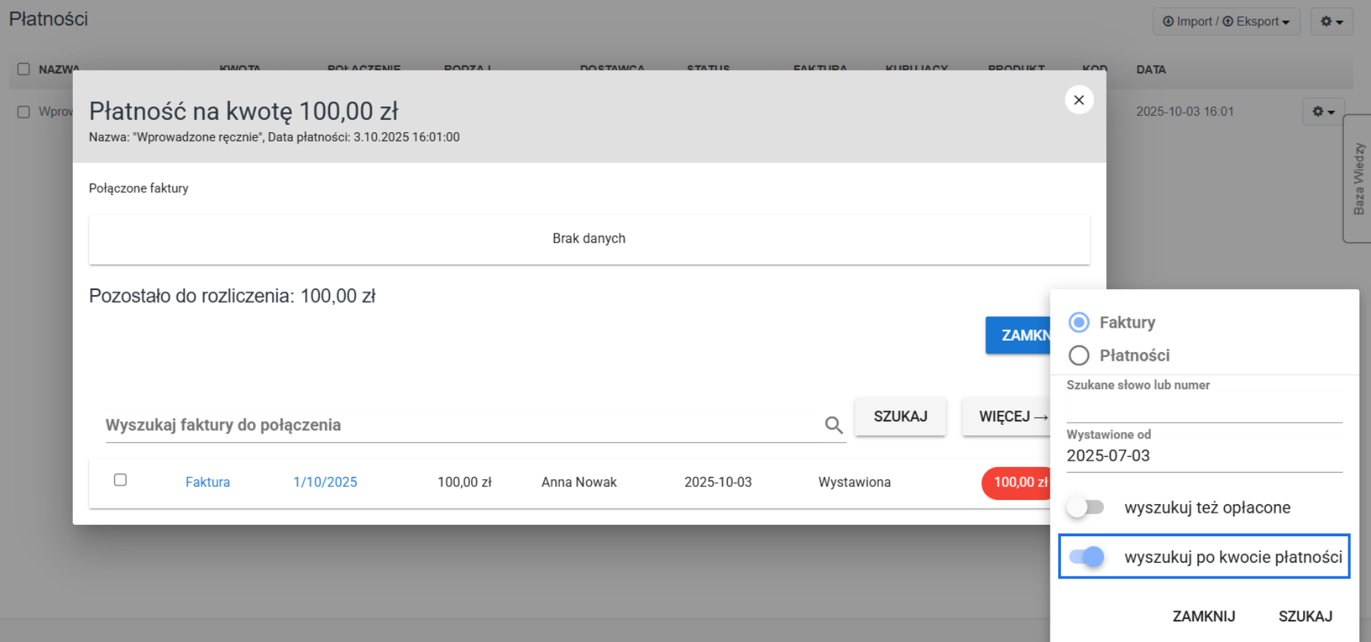 Łączenie płatności z nieopłaconymi fakturami na koncie w systemie Fakturownia z możliwością wyszukiwania dokumentów po kwocie płatności.