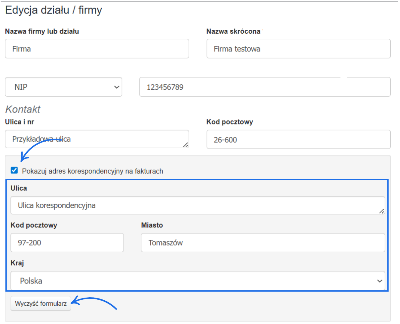 Edycja danych działu firmy z zaznaczoną opcją pokazywania adresu korespondencyjnego na fakturach i przyciskiem Wyczyść formularz.