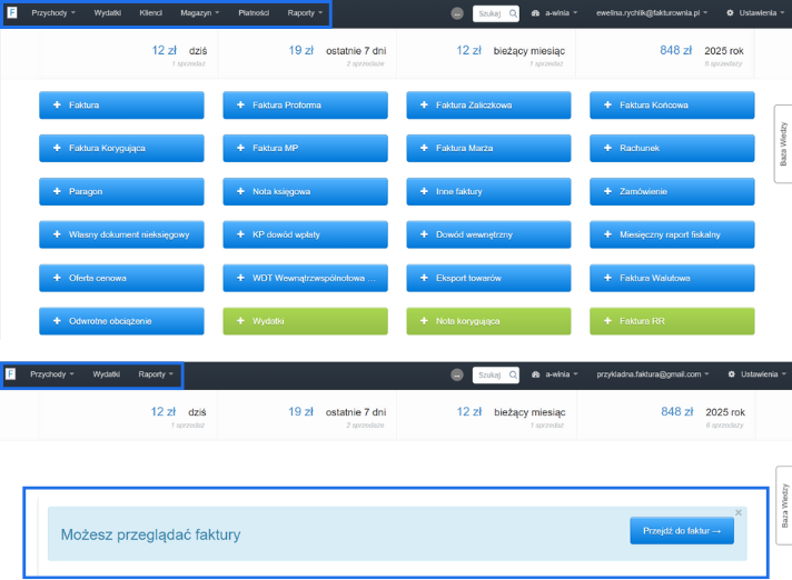Podgląd konta użytkownika w systemie fakturowym z ograniczeniem edycji – widoczny komunikat „Możesz przeglądać faktury”.