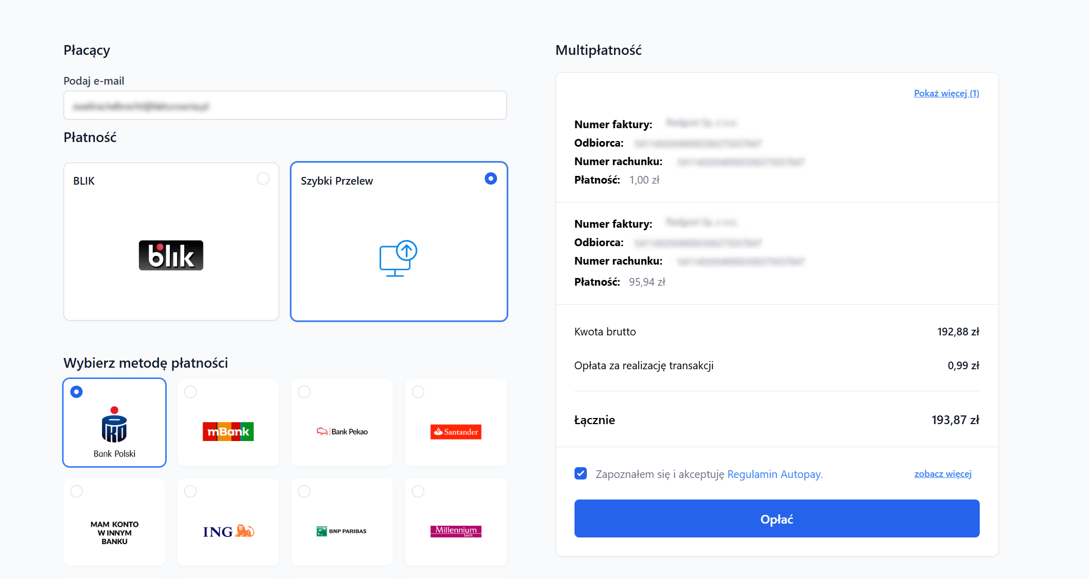 Ekran płatności online z wyborem metody: BLIK, szybki przelew, tradycyjny przelew, opcje banków oraz szczegóły faktury z podsumowaniem kwoty do zapłaty.