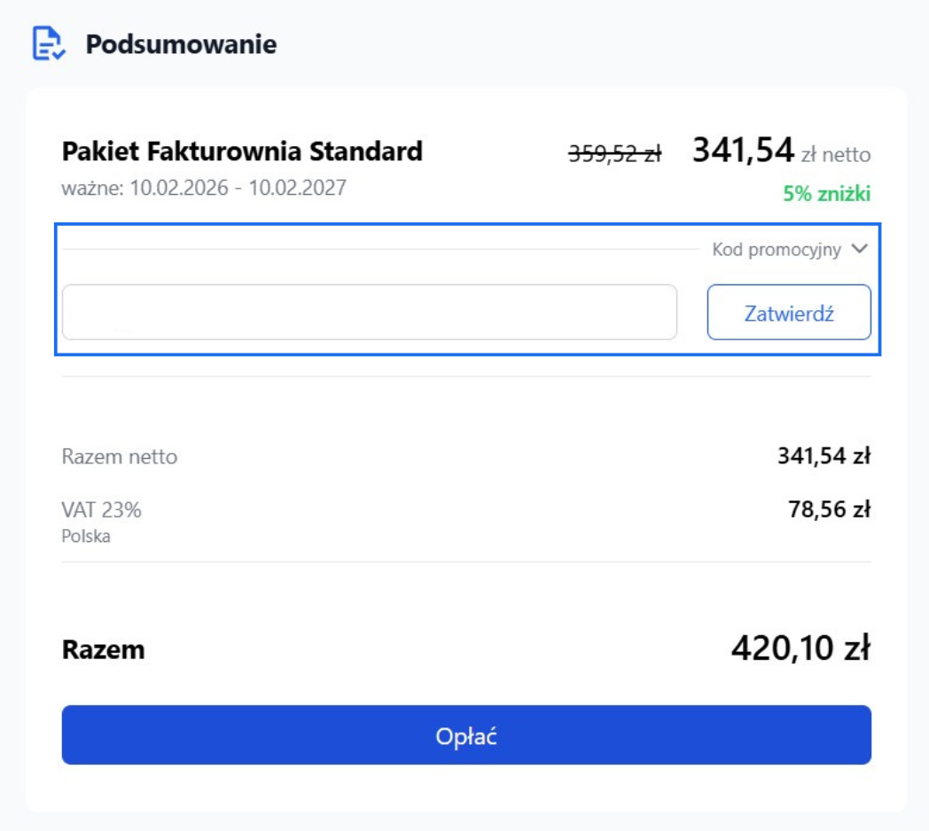 Podsumowanie wartości zamówienia w formularzu płatności za abonament na koncie w Fakturowni z polem do wpisania kodu promocyjnego.