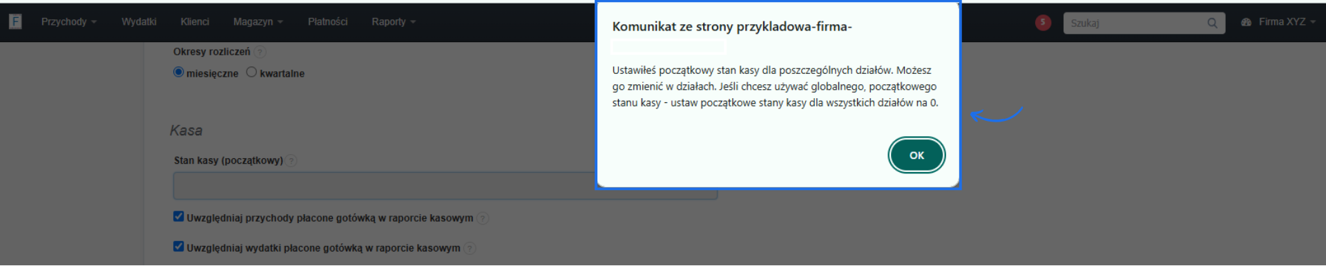 Komunikat systemowy w Fakturowni, który wskazuje brak możliwości edycji stany początkowego kasy w ustawieniach ogólnych konta ze względu na określenie go w ustawieniach działu.