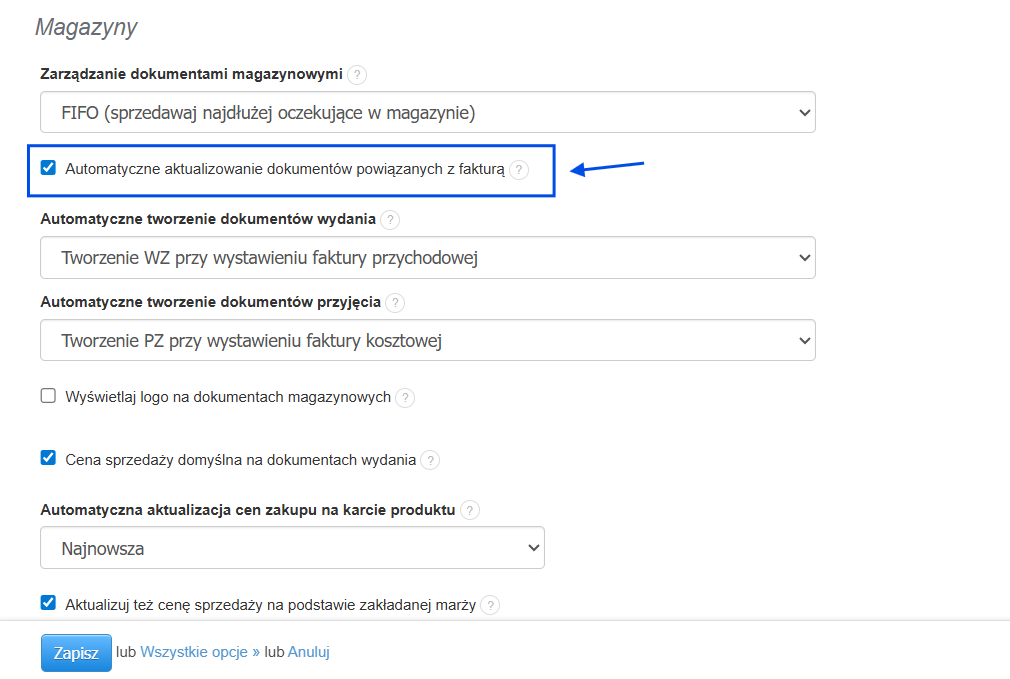 Ustawienia magazynów w systemie Fakturownia z aktywną opcją automatycznej aktualizacji dokumentów powiązanych z fakturą.