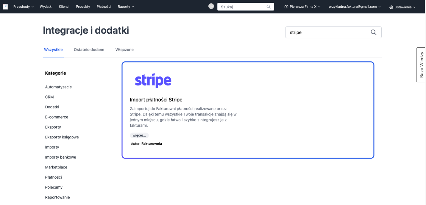 Panel integracji i dodatków Fakturowni z widoczną opcją importu płatności Stripe, opis korzyści z łączenia transakcji z fakturami w systemie.