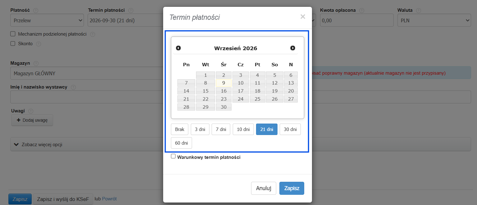 Formularz tworzenia faktury z aktywnym polem do wyboru terminu płatności z kalendarza lub opcji systemowych.