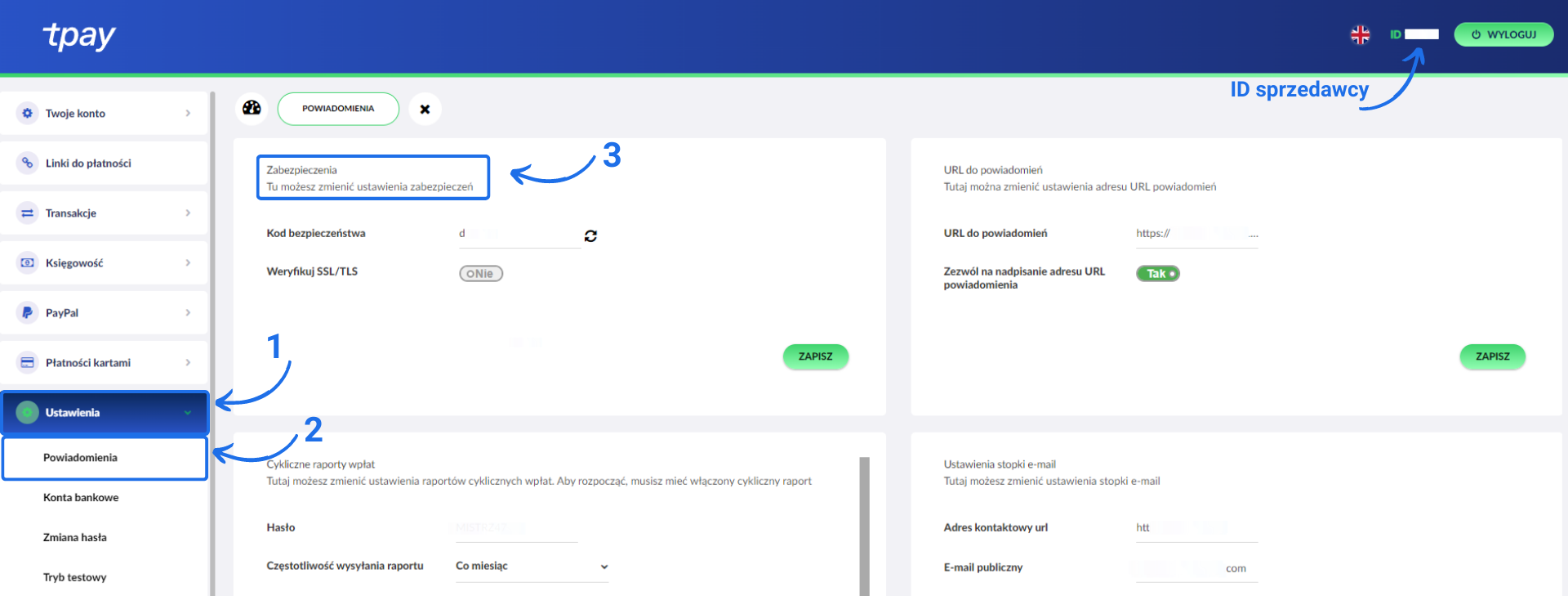 Widok systemu płatniczego tPay z aktywną zakładką dotyczącą ustawień i powiadomień na koncie z możliwością pobrania kodu potwierdzającego do integracji systemów.