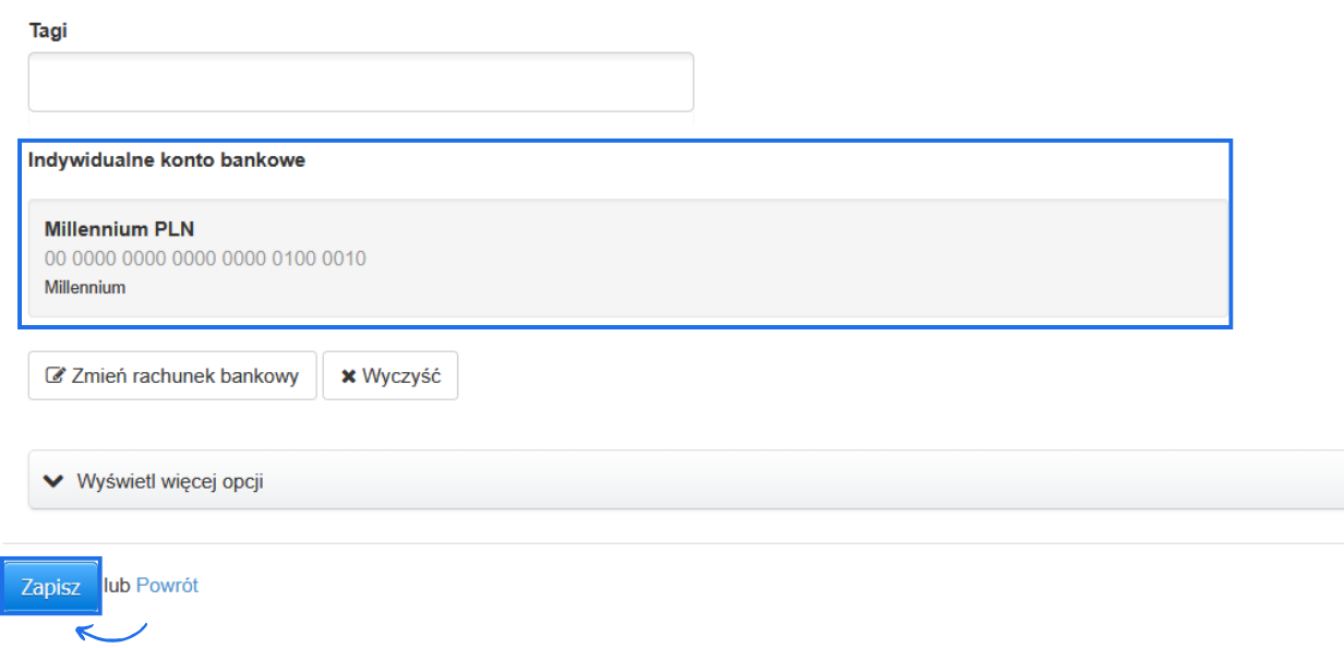 Formularz tworzenia/edycji klienta z przypisanym indywidualnym rachunkiem bankowym, szczegółami o rachunku i możliwością zmiany lub usunięcia.