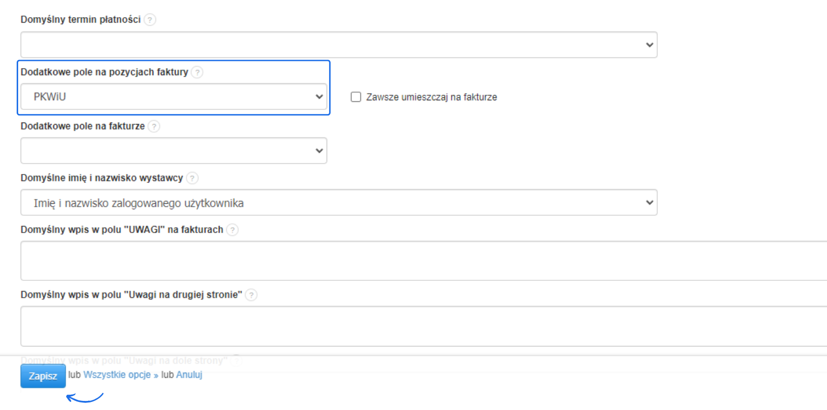 Ustawienia konta w systemie Fakturownia dotyczące faktur z możliwością dodania dodatkowego pola na pozycjach faktury - domyślnie PKWiU.