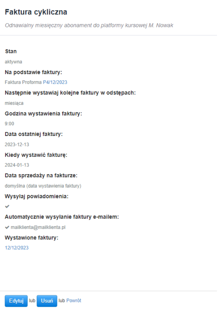 Podsumowanie podstawowych informacji o utworzonym cyklu wraz z widoczną listą wystawionych przez cykl dokumentów.