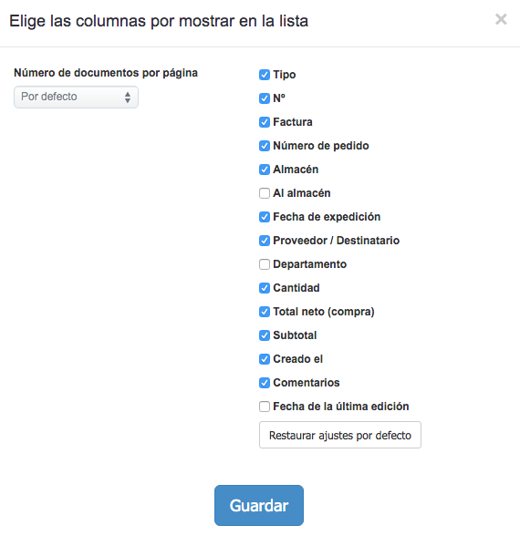 columnas en la lista de almacén