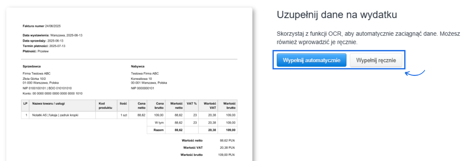 Obrazek przedstawiający fakturę oraz okno w systemie Fakturownia z opcją uzupełniania danych na wydatku, w tym użyciem funkcji OCR do automatycznego wypełnienia danych.