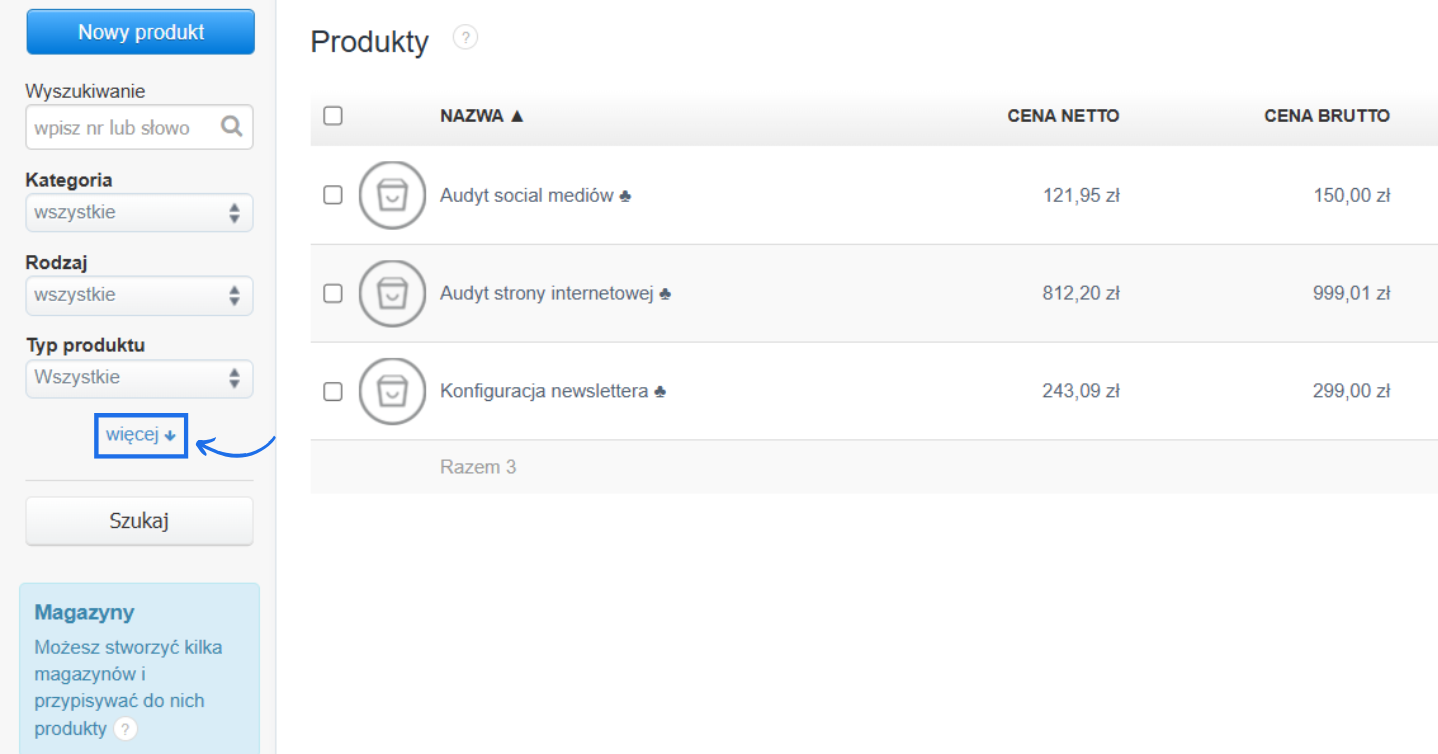 Lista produktów z panelem do wyszukiwania po wybranych parametrach oraz opcją rozszerzenia wyszukiwań.