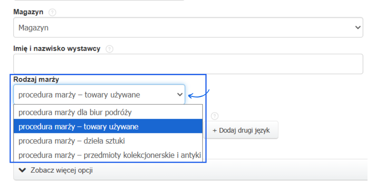 Opcja wyboru rodzaju marży w formularzu tworzenia faktury kosztowej VAT marża.