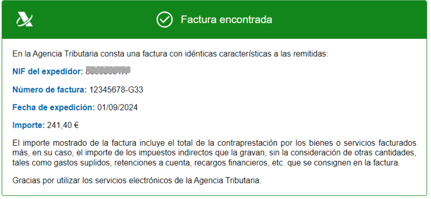 Respuesta AEAT: factura encontrada en el sistema VERIFACTU