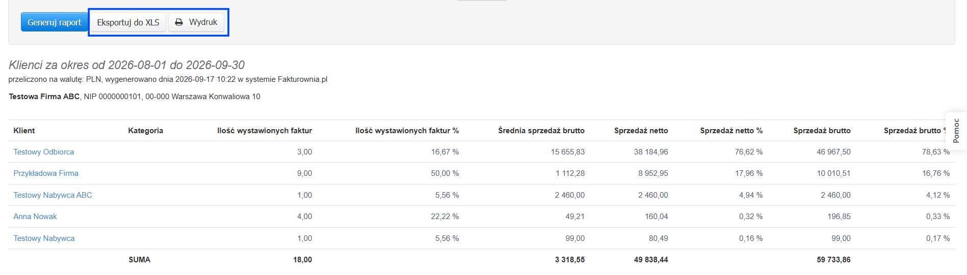 Opcje eksportu raportu klienci do formatu XLS lub wydruku.