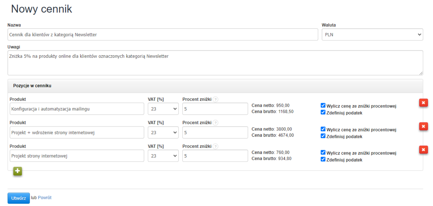 Konfiguracja cennika dla wybranej grupy klientów ze zdefiniowanymi cenami wybranych produktów. 