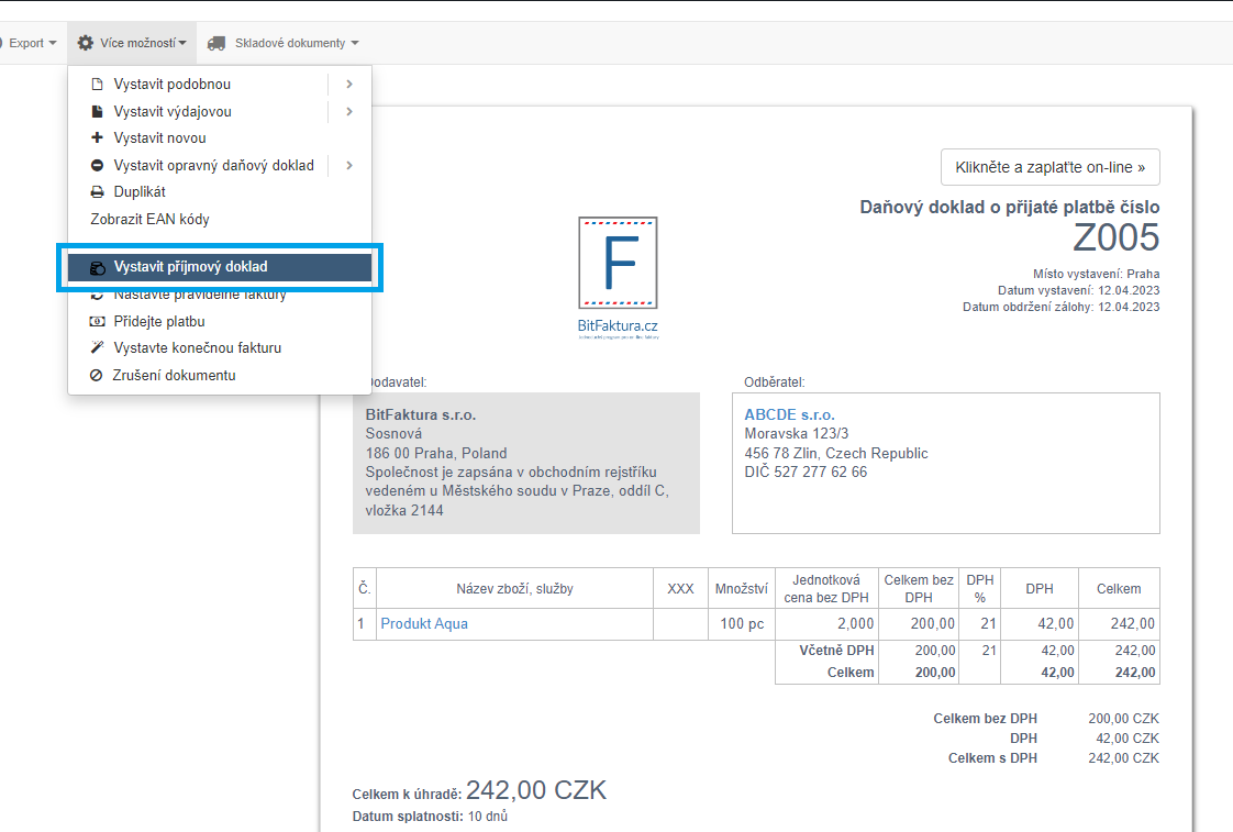 Vystavit prijmovy doklad