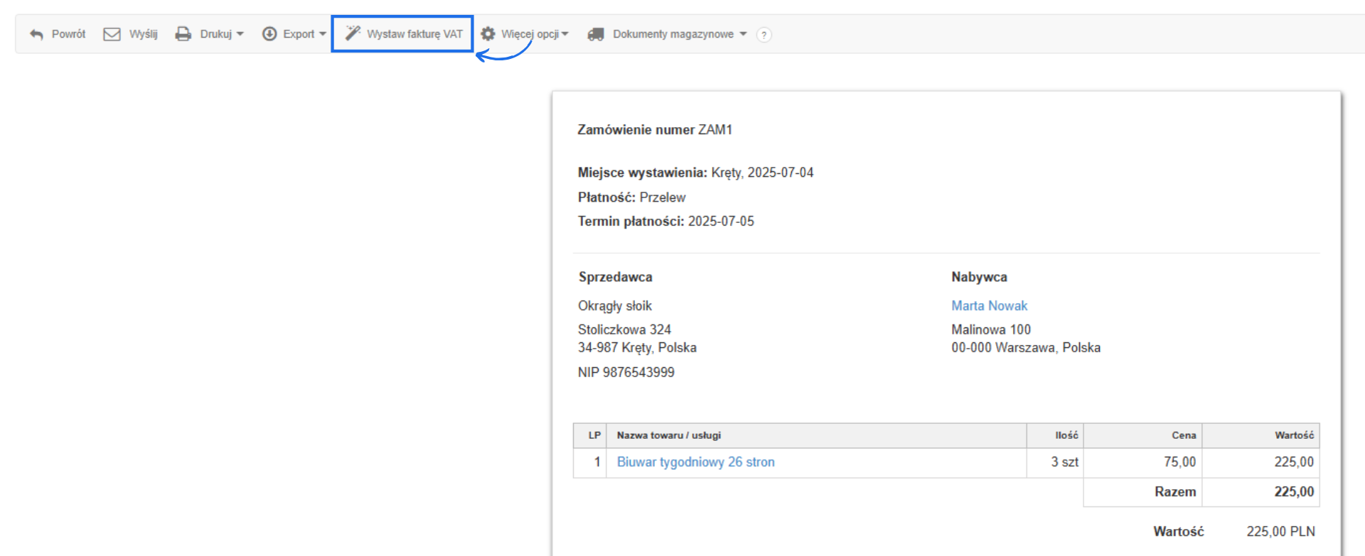 Podgląd szczegółów zamówienia ZAM01 w systemie fakturowym z widoczną opcją 'Wystaw fakturę VAT' do przekształcenia zamówienia w fakturę.