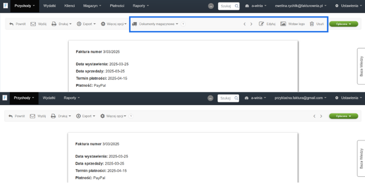 Widok faktury w systemie fakturowym z porównaniem uprawnień – panel administratora z dodatkowymi opcjami edycji i usuwania.