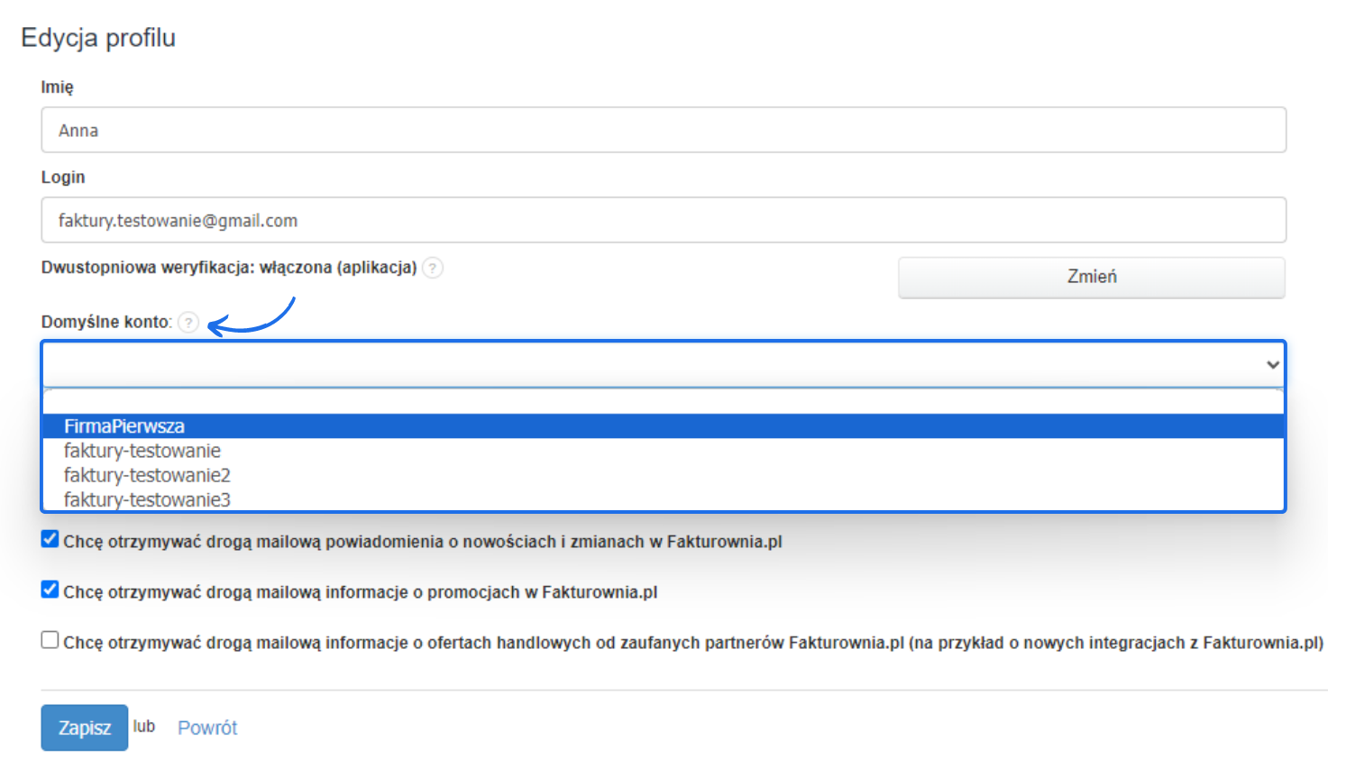 Lista kont w systemie podpiętych pod ten sam login dostępnych do wyboru w profilu użytkownika jako konto domyślne.