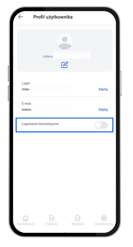 Ekran profilu użytkownika w aplikacji mobilnej Fakturownia z opcją edycji loginu, e-maila oraz przełącznikiem do włączenia logowania biometrycznego.