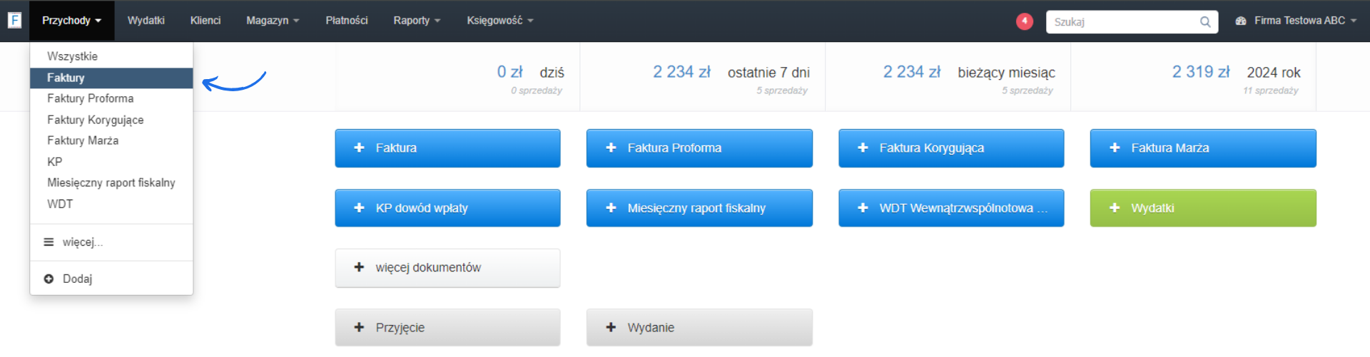 Panel zarządzania finansami z rozwiniętym menu 'Przychody' i podświetloną opcją 'Faktury' oraz zestawem opcji fakturowych.
