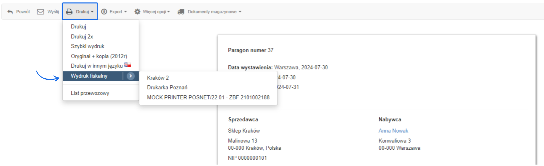 Opcje wydruku paragonu w systemie Fiskator, z rozwiniętym menu wyboru drukarki do wydruku fiskalnego.