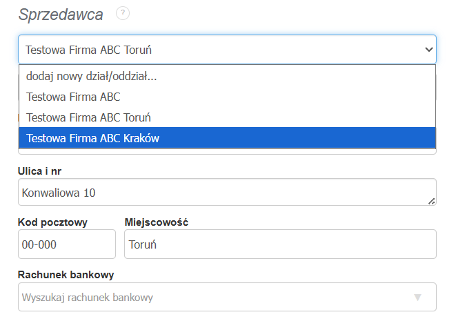 Formularz tworzenia faktury z aktywną sekcją danych Sprzedawcy i opcją wyboru działów z dostępnej listy.