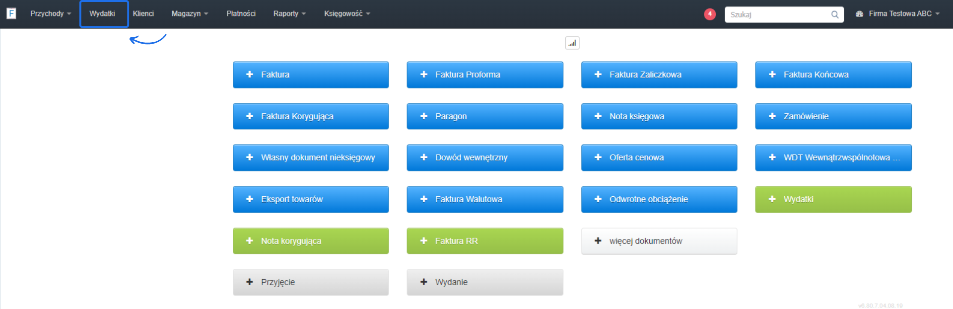 Ekran główny aplikacji Fakturownia, zakładka 'Wydatki' z różnymi opcjami dokumentów do wyboru, w tym faktury, nota korygująca, faktura RR, zamówienie, paragon oraz wydatki.